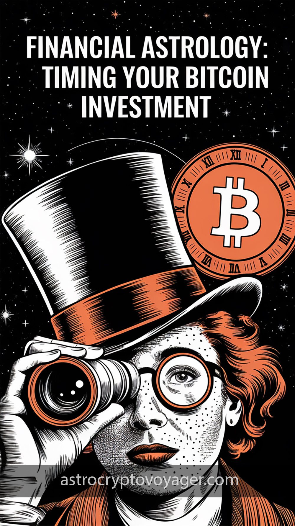 Comic book style, black and white with orange accents: Text on the image: "Financial Astrology Timing Your Bitcoin Investment"